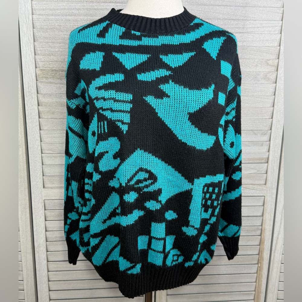 Vintage 90's Crewneck Sweater Geometric Metallic Teal/Black-M/L